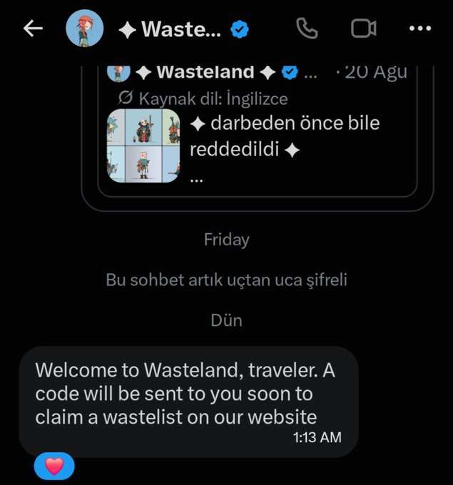 A screenshot of a Telegram chat from "Wasteland" showing a translated Turkish message "darbeden önce bile reddedildi" (rejected even before the coup) and an English welcome message stating "Welcome to Wasteland, traveler. A code will be sent to you soon to claim a wastlist on our website." The image illustrates the user's successful acceptance into the WastelandRH community, supporting their claim of becoming a citizen of the desert region NFT project with a mint price of 0.0069 ETH and a supply of 3333.