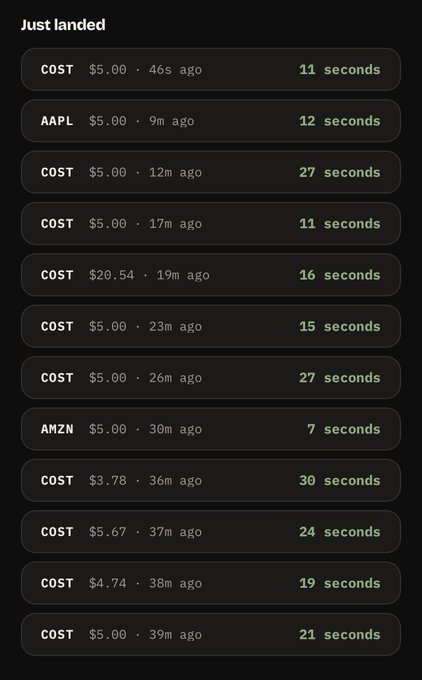 A mobile app interface titled 'Just landed' showing a list of recent stock trades with tickers COST, AAPL, and AMZN, along with prices, time ago, and seconds.