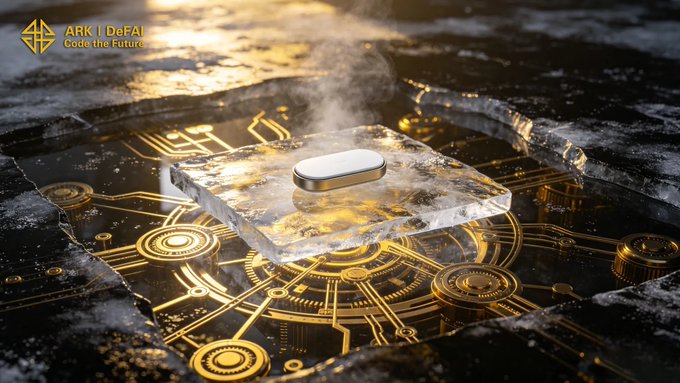 The image features a square piece of glass with a silver coin sitting on top of it. The background appears to be black, but there are yellow lines that create an illusion of a golden circle or pattern behind the glass. The caption above the image reads " Arkie AI App is built to break the ice around Web3. AI Agents should make complex tasks feel simple, helping users move from hesitation to action and turn everyday effort into real ARK progress."