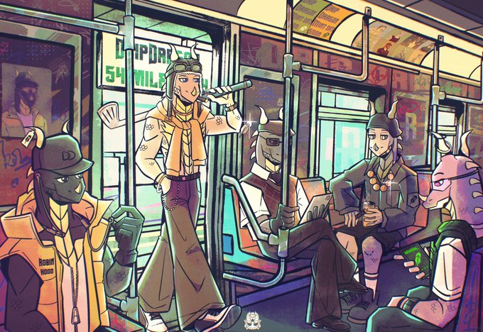 An illustration of stylized characters riding a public transit bus, featuring graffiti, a 'ChipDak' advertisement, and diverse outfits including caps and beanies.