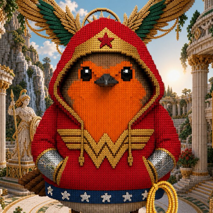 A charming LEGO-style illustration shows a robin bird character dressed as Wonder Woman with a red hooded costume, gold tiara, and winged headpiece set against a classical Greek temple background.