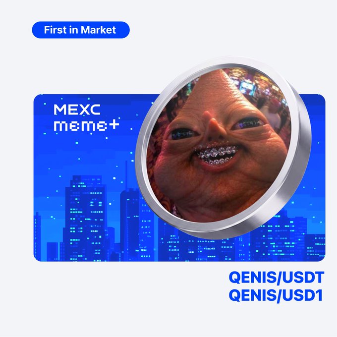 A MEXC Meme+ promotional graphic announces "First in Market" listing for the QENIS token, featuring a pixelated close-up of a creature's face inside a silver circular frame against a blue pixel-art cityscape backdrop, with the trading pairs "QENIS/USDT" and "QENIS/USD1" displayed.