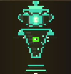 A pixel art rendering of a turquoise and black mechanical or alien object with glowing green and cyan accents against a dark background.