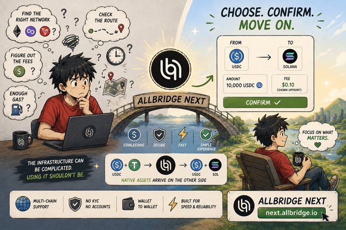 An advertisement for 'ALLBRIDGE NEXT' (next.allbridge.io) showing a stressed cartoon man at a laptop contrasted with a relaxed version, highlighting the service's simplicity for stablecoin transfers between networks.