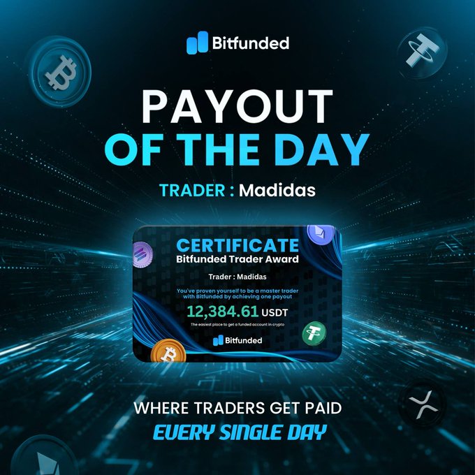 The image features a black background with blue text that reads "Top Payout of The Day". Below this, there's an image showcasing Madidas' remarkable achievement of receiving twelve Bitcoins for her outstanding trading skills. Additionally, another trader named Trader is listed as the winner in the cryptocurrency market. The image also includes several coins and tokens scattered around, creating a sense of variety and abundance related to cryptocurrency trading rewards.