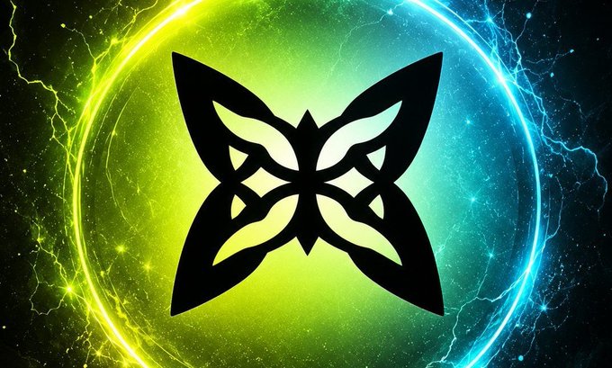 A symmetrical black butterfly emblem with intricate geometric wings is centered within a glowing energy sphere split between electric green and cyan blue, surrounded by crackling lightning-like tendrils. The image visually reinforces the post's message about QuipNetwork's quantum security solution—using the butterfly symbol (commonly associated with transformation and emerging technologies) set against dynamic, high-energy backgrounds to represent their innovative approach to strengthening existing blockchain wallets rather than replacing them.
