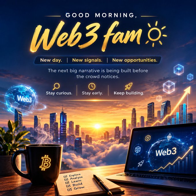 A motivational graphic with 'GOOD MORNING, Web3 fam' text, featuring a city skyline at sunrise, a Bitcoin coffee mug, a laptop showing Web3 graphics, and bullet points 'Stay curious', 'Stay early', 'Keep building'.