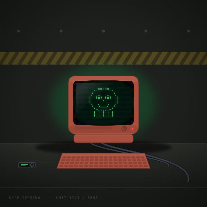 Retro-style digital illustration of an old CRT monitor displaying a green pixelated character face, with a red keyboard below and text reading 'HYPE TERMINAL · UNIT 1743 / 6666'.