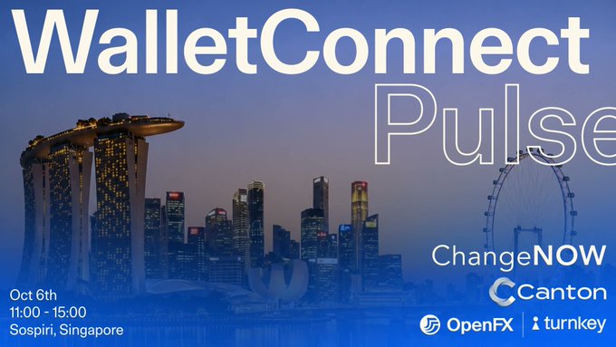 A promotional graphic for WalletConnect Pulse, a curated finance and tech event taking place on October 6th from 11:00–15:00 at Sospiri, Singapore, featuring partners ChangeNOW, Canton Network, OpenFX, and Turnkey, set against the illuminated Singapore skyline at dusk.