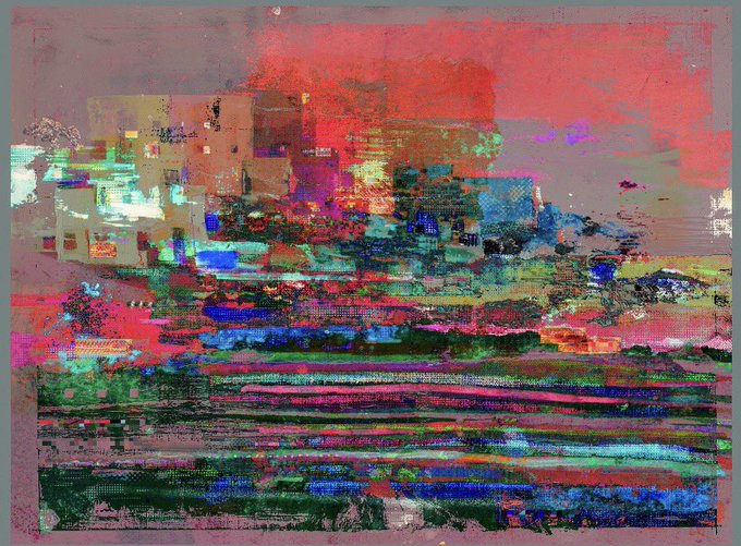 An abstract digital painting features vivid reds, greens, blues, and pinks in horizontal strokes and textured patterns.