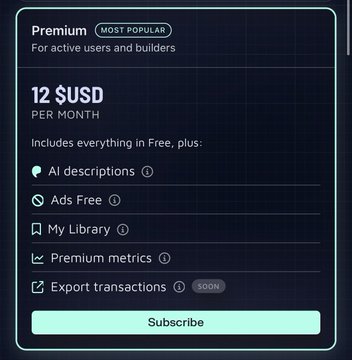 A computer screen displaying two posts on an Alorand builders platform featuring a premium plan for an Allo explorer application that has AI descriptions, transactions information and a summary of its features including export options and a description of it as being the most popular for active users and builders in its category.