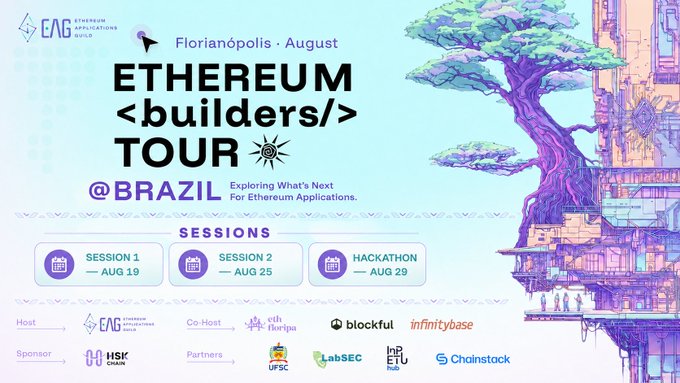 A promotional poster for the 'ETHEREUM <builders/> TOUR @ BRAZIL' taking place in Florianópolis in August, detailing sessions on Aug 19, 25, and 29, with sponsors including blockful and infinitybase.