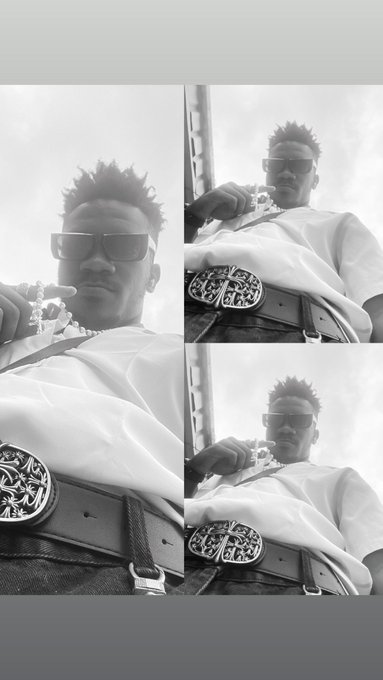 A black-and-white photo collage shows a young man with sunglasses posing in three similar shots, featuring an ornate belt buckle.
