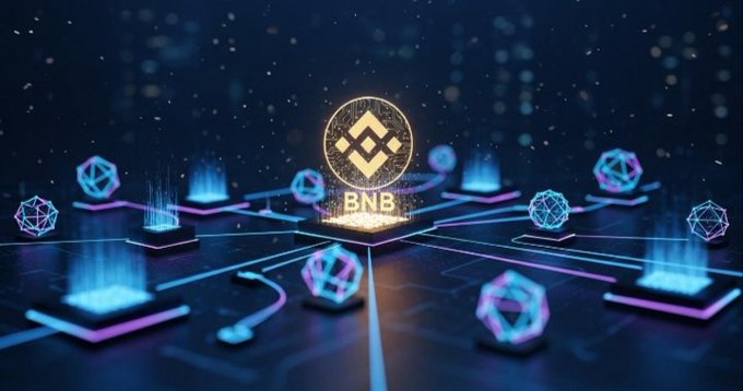 A glowing BNB Chain logo sits at the center of a dark, futuristic network of interconnected nodes and data streams, visually reinforcing the post's message about BNB Chain's growing role as a major hub for institutional crypto activity. The surrounding web of glowing connections symbolizes the expanding on-chain value flowing into the platform, highlighted by Franklin Templeton's $1.5B BENJI tokenized fund deployment.
