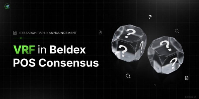 A research paper announcement titled 'VRF in Beldex POS Consensus' featuring two transparent dice with question marks on a dark grid background, with the beldex.io logo.