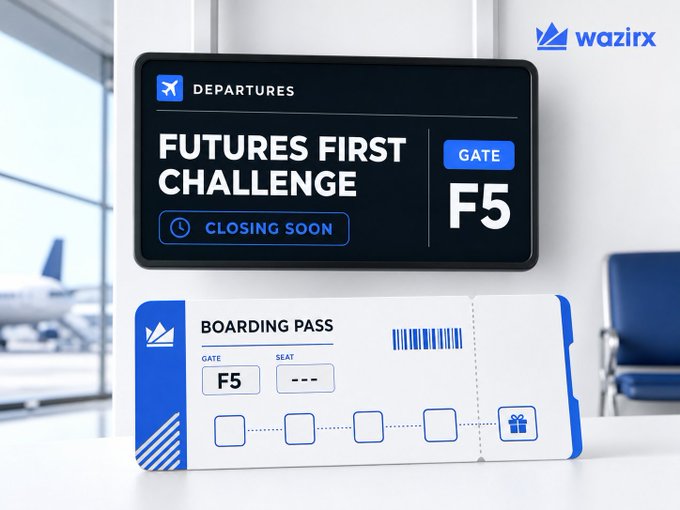 A digital departures board at Gate F5 announces the "FUTURES FIRST CHALLENGE" with a "CLOSING SOON" status, alongside a blue and white boarding pass displaying Gate F5 — both branded with the WazirX logo, playfully echoing the post's "final_final_boarding_call.reminder" theme of last-minute urgency.