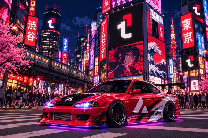 An anime-style illustration of a customized red sports car with neon underglow lighting parked on a city street in a vibrant Tokyo-like setting, featuring large billboards with Japanese characters and cherry blossoms.