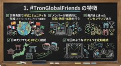 A black presentation board in Japanese titled '1. #TronGlobalFriends の特徴' featuring chalk-style illustrations of a globe, people, a map of Japan, and a stage with figures, highlighting the features of the TronGlobalFriends community.