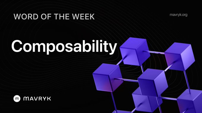 A “WORD OF THE WEEK” graphic for “Composability” from mavryk.org, featuring interconnected purple cubes and the MAVRYK logo.