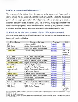 A document containing a table listing pilot banks for CBDC wallets in India, including UCO Bank, ICICI Bank, IDFC First Bank, and YES BANK, along with their Android/iOS availability.