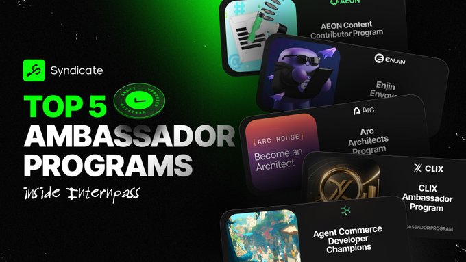 A promotional graphic titled 'TOP 5 AMBASSADOR PROGRAMS Inside Interpass' from Syndicate, listing programs from AEON, Enjin, Arc, CLIX, and Agent Commerce Developer Champions.