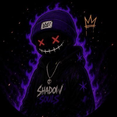 A dark digital illustration of a hooded figure with a stitched smile face and red X eyes surrounded by purple flames, wearing a chain with "SHADOW SOULS" text on the jacket.