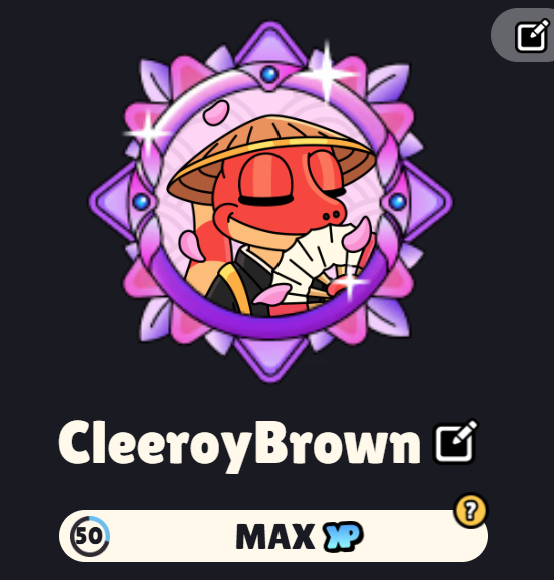 A character profile icon labeled 'CleeroyBrown' featuring a cartoon turtle wearing a traditional Asian conical hat and holding a fan, displayed at MAX XP level 50 within a purple lotus frame.