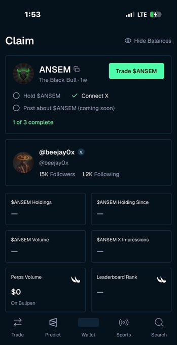 The image shows a mobile app screen titled "Claim" displaying the $ANSEM token page with incomplete tasks (1 of 3 complete), showing a user profile "@beejay0x" with 15K Followers and 1.2K Following. The "$ANSEM X Impressions" field is empty (—), which directly relates to the post's question about whether users are seeing their $ANSEM tweet impressions.