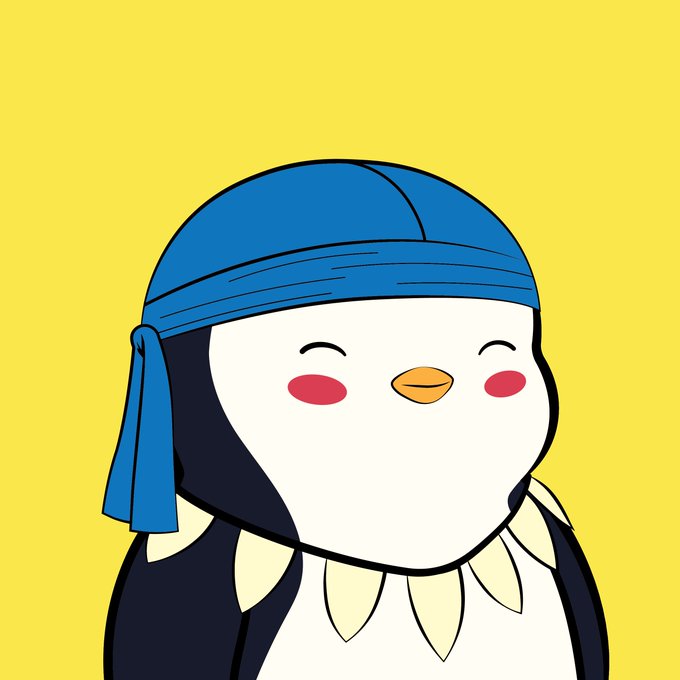 Cartoon illustration of a smiling penguin wearing a blue bandana on its head against a yellow background.