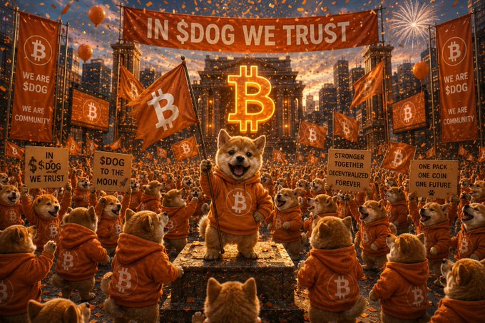 A vibrant AI-generated illustration of a Doge-themed rally featuring Shiba Inu dogs wearing orange Bitcoin hoodies, with banners reading 'IN $DOG WE TRUST', 'WE ARE $DOG COMMUNITY', '$DOG TO THE MOON', and 'ONE PACK ONE COIN ONE FUTURE'.