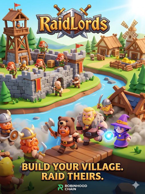 Colorful mobile game artwork for "Raid Lords," showing cartoon warriors, castles, villagers, a windmill, and a river, with the text "BUILD YOUR VILLAGE. RAID THEIRS." and the Robinhood Chain logo below.
