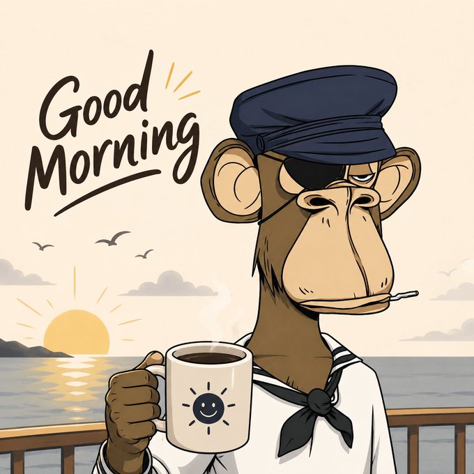A cartoon illustration of a monkey dressed as a sailor with an eye patch and cigarette, holding a steaming mug with a sun logo, set against a sunrise ocean background with the text 'Good Morning'.