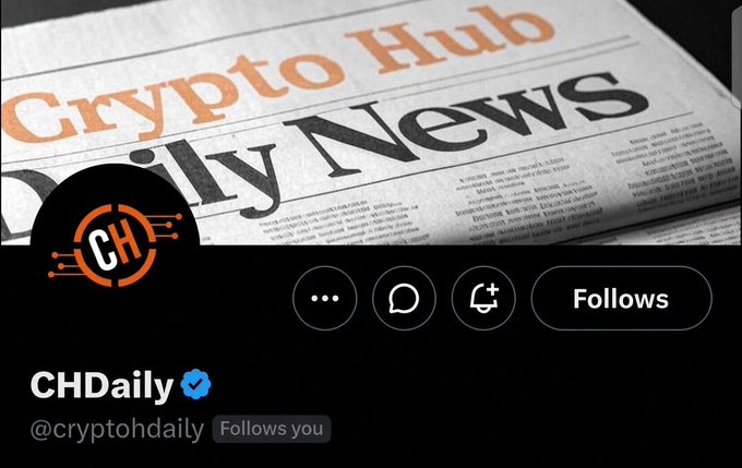 A screenshot of the verified Twitter/X profile for 'CHDaily @cryptohdaily' with a banner reading 'Crypto Hub Daily News' and an orange 'CH' circuit logo.