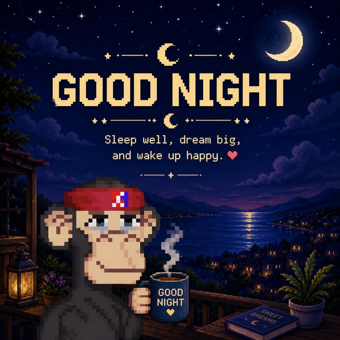 A pixel-art 'Good Night' illustration featuring a monkey wearing a Mario-style cap holding a steaming 'Good Night' mug, with a moonlit coastal village background and the message 'Sleep well, dream big, and wake up happy.'