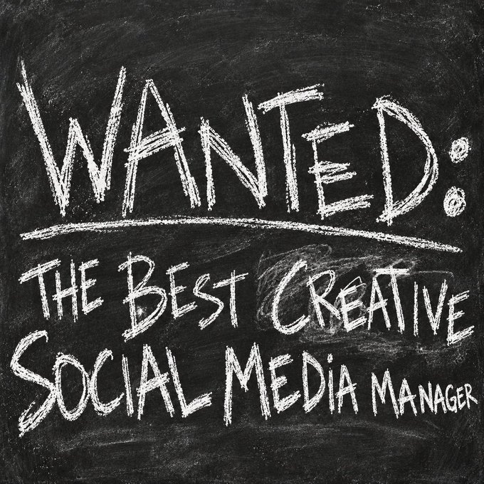 A chalkboard-style image with handwritten white text on a black background reads "WANTED: THE BEST CREATIVE SOCIAL MEDIA MANAGER," perfectly matching the accompanying job posting that humorously announces the search for a creative intern/social media manager fluent in English, Spanish, Portuguese, and memes, with knowledge of web3 culture and social media experience.