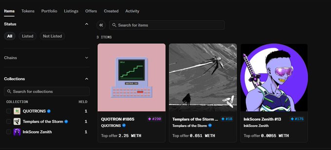 A dark-themed NFT marketplace dashboard displaying 3 items across collections including QUOTRONS, Templars of the Storm, and InkScore Zenith, with the InkScore Zenith #13 priced at 0.0855 ETH featured alongside a purple-toned PFP illustration of a skier wearing goggles—matching the post's reference to the InkScore Zenith NFT collection on the InkOnChain ecosystem.