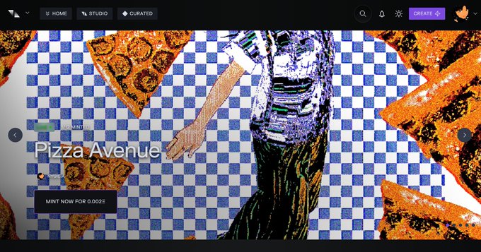 A screenshot of an NFT marketplace page for a collection called 'Pizza Avenue' with a 'MINT NOW FOR 0.002Ξ' button.