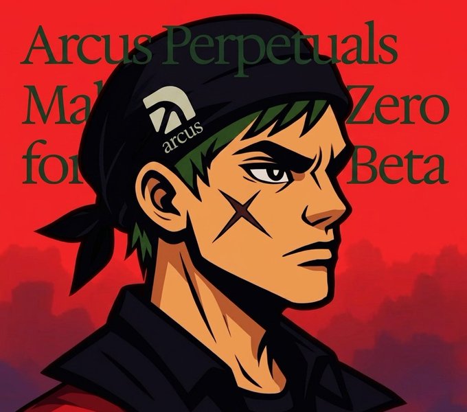 A promotional graphic for 'Arcus Perpetuals' Mainnet Zero featuring an anime-style character with green hair and an X-shaped scar, wearing a bandana with the Arcus logo.