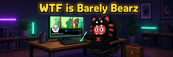 An animated illustration titled 'WTF is Barely Bearz' in yellow text shows a black bear character with red accents sitting in an office chair at a desk in a dimly lit room. The character looks at a computer monitor displaying an image of a bear in a forest.