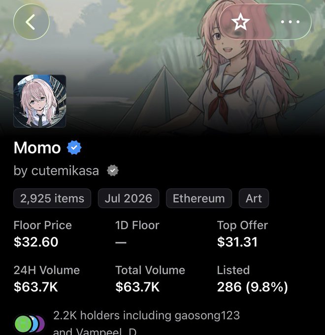 An NFT collection page for 'Momo' by cutemikasa on Ethereum, showing 2,925 items, a floor price of $32.60, top offer of $31.31, 24H volume of $63.7K, and 2.2K holders including gaosong123 and Vampeel_D.