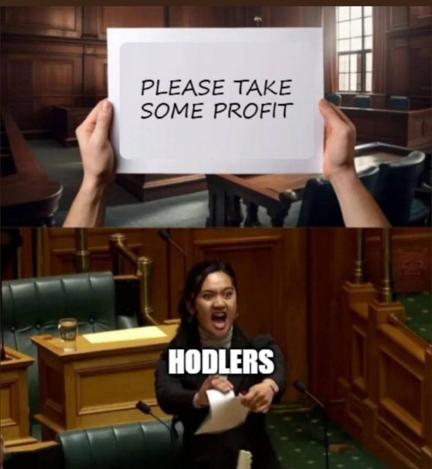 A two-panel meme: the top shows hands holding a sign reading "PLEASE TAKE SOME PROFIT," while the bottom shows an angry person labeled "HODLERS" angrily tearing up the sign. It humorously illustrates the post's sentiment that crypto holders refuse to sell and take profits, rejecting the advice outright.