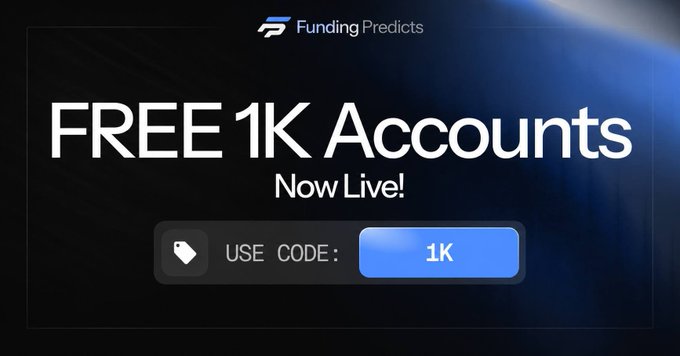 A promotional graphic for 'Funding Predicts' advertising 'FREE 1K Accounts Now Live!' with a use code of '1K' displayed against a dark background.