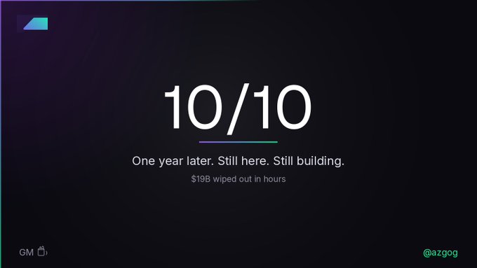 A dark graphic with the text "10/10" prominently displayed, accompanied by "One year later. Still here. Still building." and "$19B wiped out in hours," branded with @azgog.