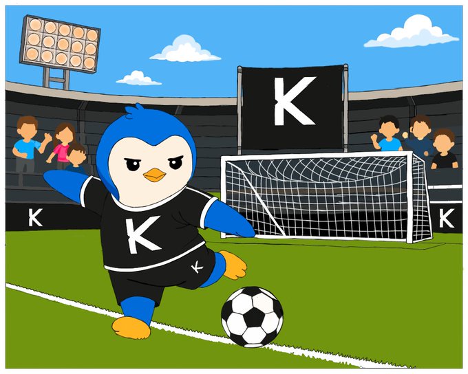 A cartoon penguin wearing a black jersey with a white "K" kicks a soccer ball toward a goal, with a large "K" banner, stadium floodlights, and cheering fans in the background—branding the KAST crypto project with sports-style energy to match the post's pitch about fast, borderless digital dollars.