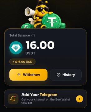A digital wallet interface shows a Total Balance of "16.00 USDT" (~$16.00 USD) with "Withdraw" and "History" buttons, beneath a cartoon bee mascot holding a Tether coin.