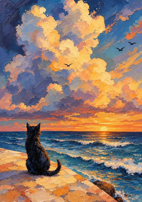 An impressionistic oil painting depicts a black cat sitting on a stone wall overlooking the ocean at sunset, with dramatic golden clouds and birds in the sky.