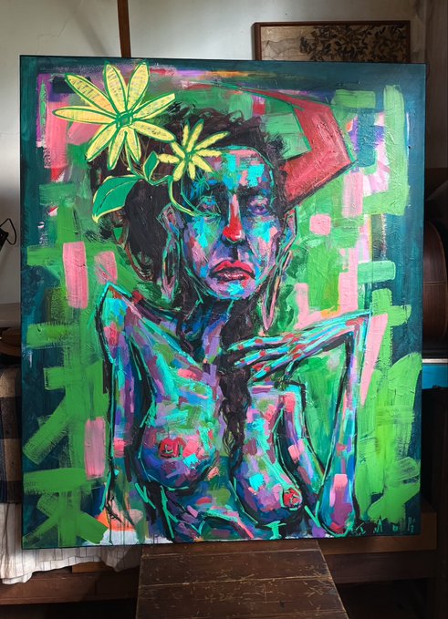 Vibrant expressionist oil painting portrait of a figure with yellow flowers in their hair, featuring bold green, pink, and blue brushstrokes on a canvas.