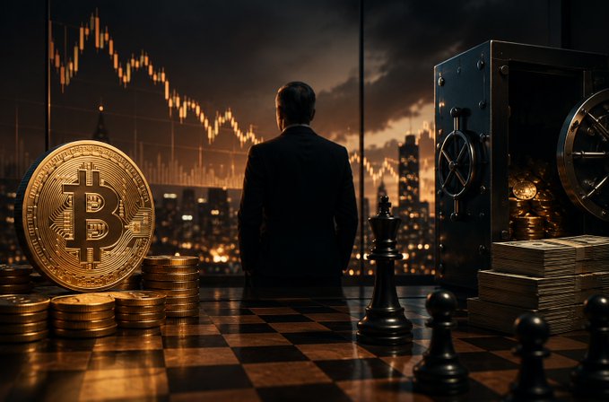 A conceptual image of a man in a suit looking at a declining stock chart, with a large Bitcoin coin, stacks of gold coins, a safe, and chess pieces in the foreground.