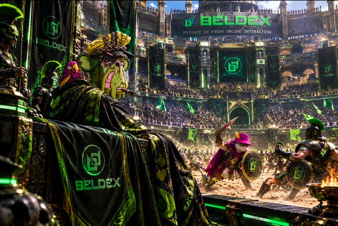 A vibrant promotional image for 'BELDEX - PRIVACY IN EVERY ONLINE INTERACTION' depicting a colosseum scene with Roman warriors, roosters, and knights fighting, branded with the Beldex logo.