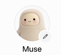 A circular profile icon of the beige hooded plush character labeled 'Muse' with a small edit pencil icon beside it.
